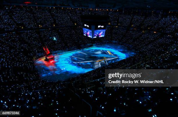 General view of the arena during pregame introductions of the game between the Edmonton Oilers and San Jose Sharks in Game Three of the Western...