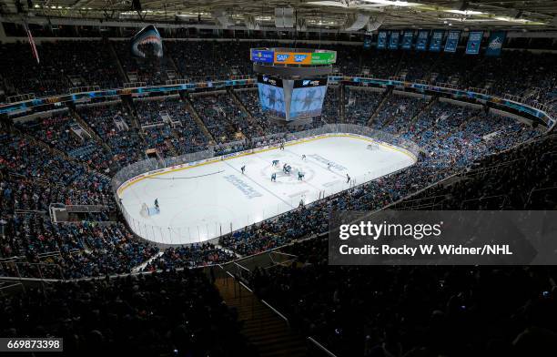 General view of the arena during the game between the Edmonton Oilers and San Jose Sharks in Game Three of the Western Conference First Round during...