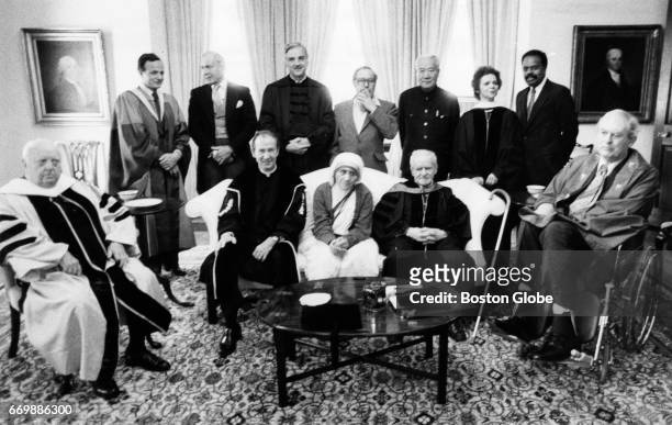 Honorary degree recipients of the 1982 Harvard University Commencement pose together in Cambridge, MA on Jun. 10, 1982. Seated, from left, are...