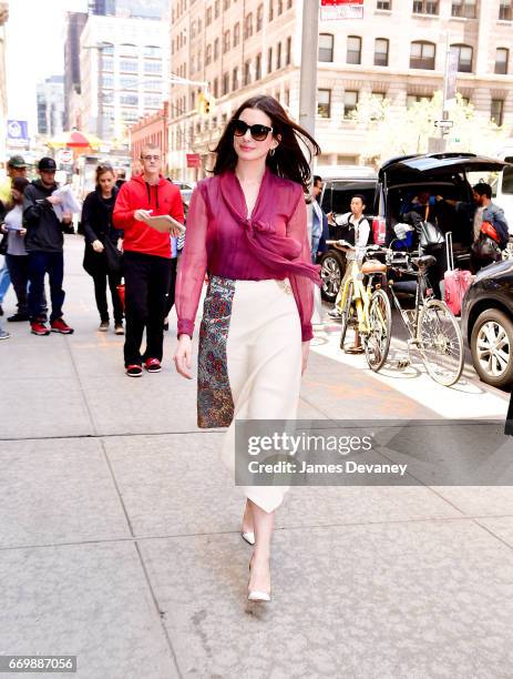 Anne Hathaway arrives to 'Watch What Happens Live with Andy Cohen' on April 18, 2017 in New York City.