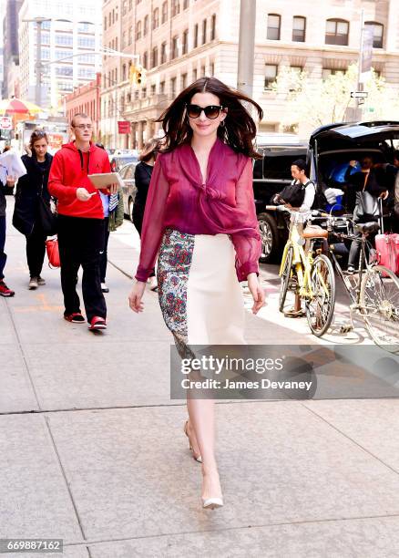 Anne Hathaway arrives to 'Watch What Happens Live with Andy Cohen' on April 18, 2017 in New York City.