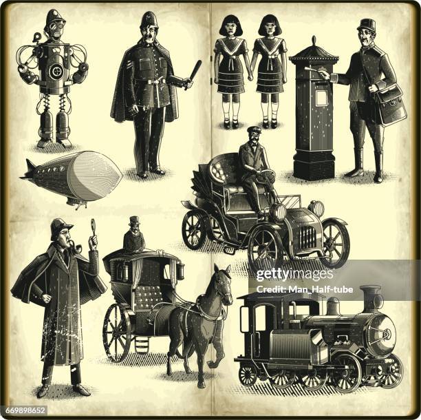 stockillustraties, clipart, cartoons en iconen met victoriaanse tijdperk set - steampunk