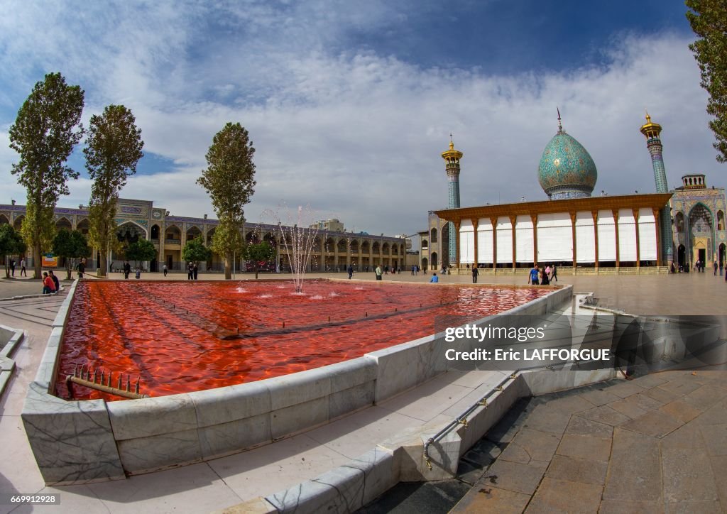 The Shah-e-Cheragh Mausoleum With The Bassin Filled With Red Water To Commemorate Ashura