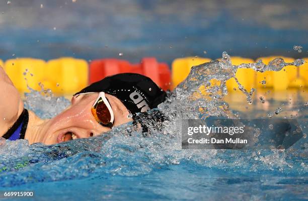 Hannah Miley of Aberdeen Per competes in the Womens Open 400m IM final on day one of the British Swimming Championships at Ponds Forge on April 18,...