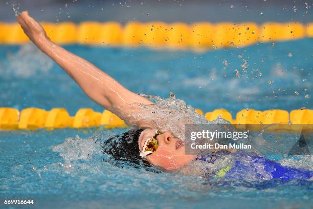 Hannah Miley of Aberdeen Per competes in the Womens Open 400m IM final on day one of the British Swimming Championships at Ponds Forge on April 18,...