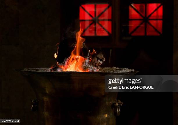 The eternal flame which has burned continuously for 1500 years at the Zoroastrian temple of Ateshkade on October 23, 2015 in Yazd, Iran.