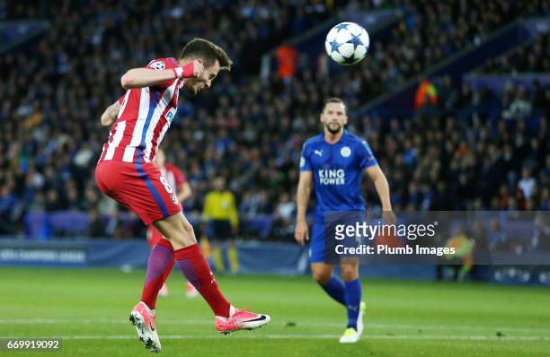 Saul Niguez of Atletico Madrid scores with a header to make it 0-1 during the UEFA Champions League Quarter Final Second Leg match between Leicester...