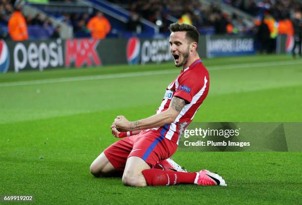 Saul Niguez of Atletico Madrid celebrates after scoring to make it 0-1 during the UEFA Champions League Quarter Final Second Leg match between...
