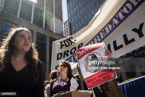 Demonstrators rally against Fox News television personality Bill O'Reilly outside of the News Corp. And Fox News headquarters in Midtown Manhattan,...