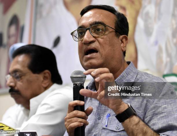 Delhi Pradesh Congress Committee President Ajay Maken with other party leaders addresses a press conference before the manifesto release on Urban...