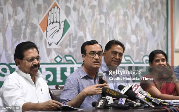 Delhi Pradesh Congress Committee President Ajay Maken with other party leaders addresses a press conference before the manifesto release on Urban...