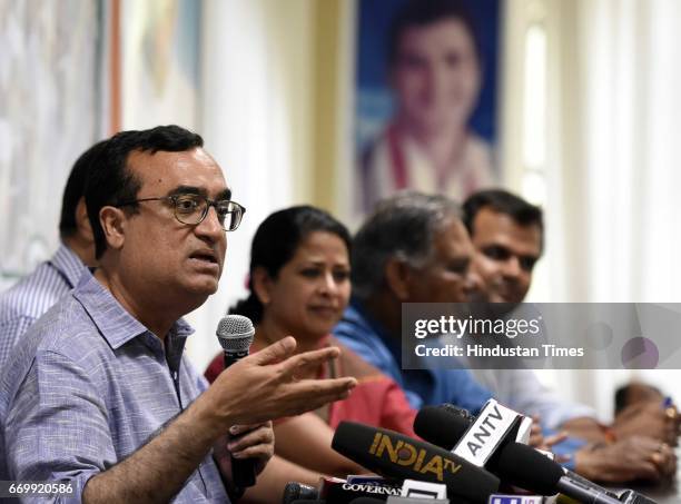 Delhi Pradesh Congress Committee President Ajay Maken with other party leaders addresses a press conference before the manifesto release on Urban...