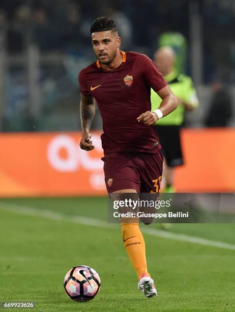 Emerson Palmieri dos Santos of AS Roma in action during the TIM Cup match between AS Roma and SS Lazio at Stadio Olimpico on April 4, 2017 in Rome,...