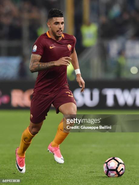 Emerson Palmieri dos Santos of AS Roma in action during the TIM Cup match between AS Roma and SS Lazio at Stadio Olimpico on April 4, 2017 in Rome,...