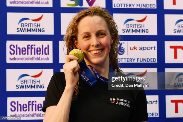 Gold medalist Hannah Miley of Aberdeen Per poses with the medal won in the Womens Open 400m IM final on day one of the British Swimming Championships...