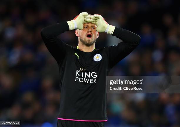 Kasper Schmeichel of Leicester City reacts during the UEFA Champions League Quarter Final second leg match between Leicester City and Club Atletico...