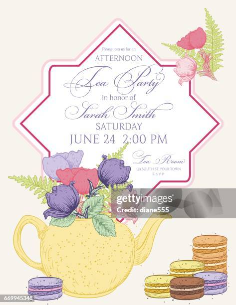 tea party invitation template with text frame - macarons roses stock illustrations