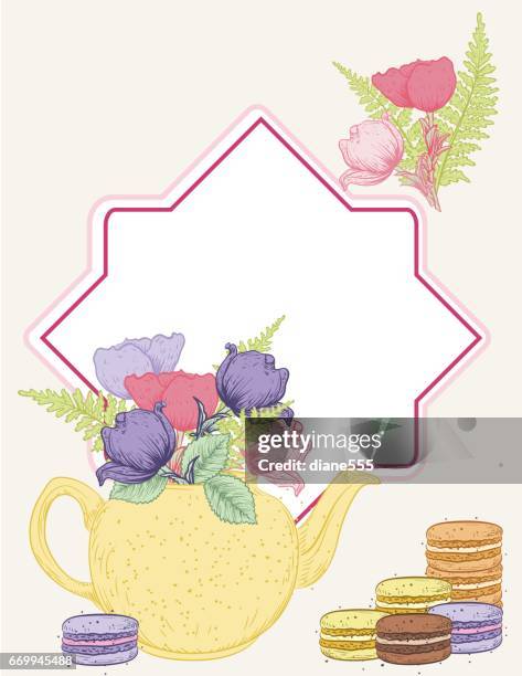 tea party background with blank frame for text - french macaroons stock illustrations