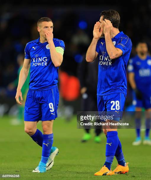 Jamie Vardy of Leicester City and Christian Fuchs of Leicester City are dejected after the UEFA Champions League Quarter Final second leg match...