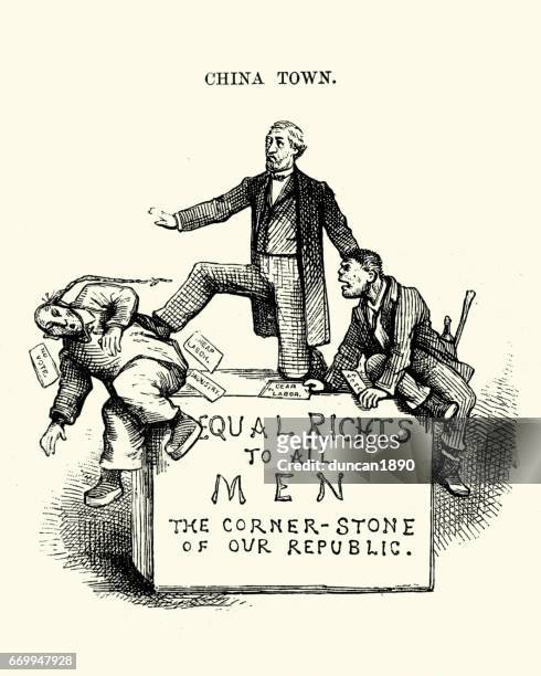 ilustrações de stock, clip art, desenhos animados e ícones de 19th century satire on chinese immagration in the usa - racism