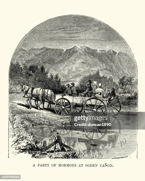 party of mormons at ogden canyon, 19th century - ogden utah stock illustrations