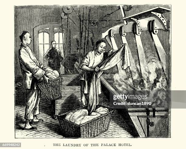 chinese workers doing laundry in the the palace hotel - antique washing machine stock illustrations