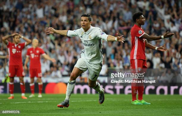 Cristiano Ronaldo of Real Madrid celebrates scoring his sides second goal during the UEFA Champions League Quarter Final second leg match between...