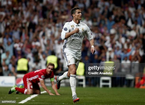 Cristiano Ronaldo of Real Madrid celebrates after scoring a goal during the UEFA Champions League quarter final match between FC Bayern Munich and...