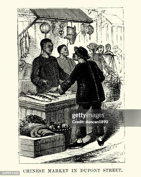 chinese market in dupont street, san francisco, 19th century - fish market stock illustrations