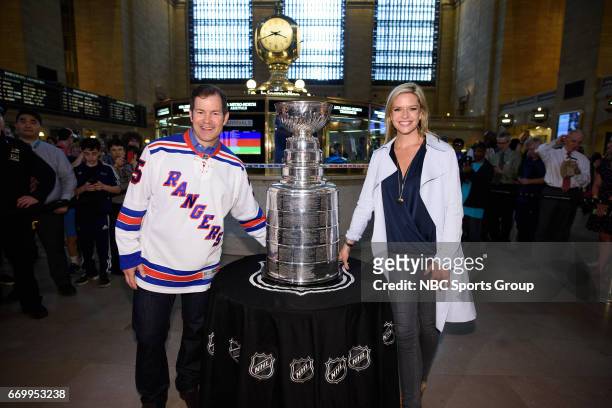 Stanley Cup MTA Stunt on April 11, 2017 -- Pictured: Stanley Cup Champion Mike Richter was joined by NBC Sports Kathryn Tappen and The Stanley Cup at...