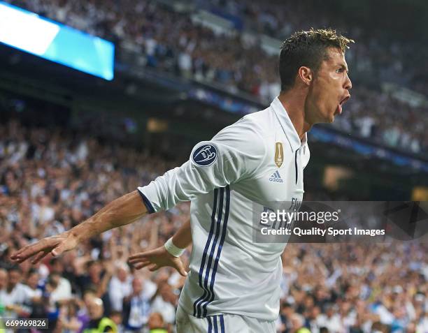 Cristiano Ronaldo of Real Madrid celebrates after scoring a goal during the UEFA Champions League Quarter Final second leg match between Real Madrid...
