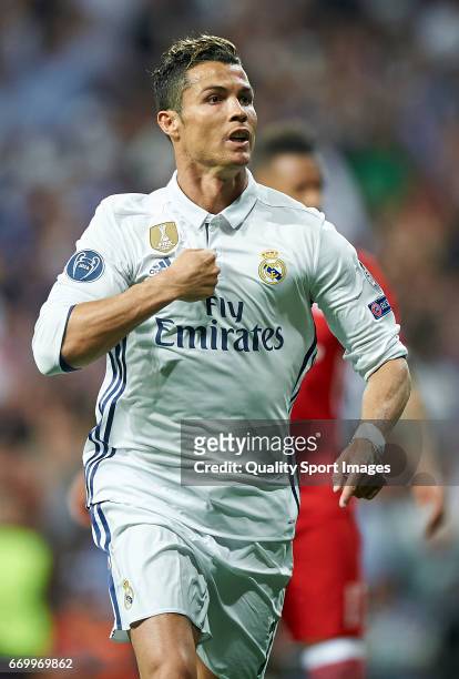 Cristiano Ronaldo of Real Madrid celebrates after scoring a goal during the UEFA Champions League Quarter Final second leg match between Real Madrid...