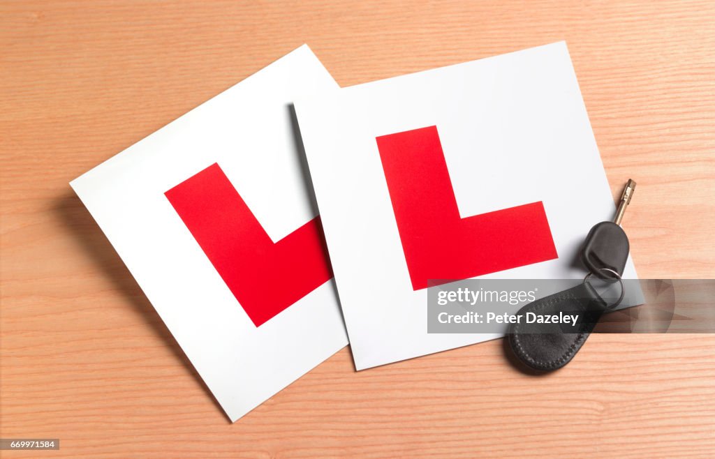 Car test L plates and car key