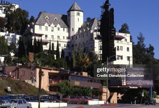 View of the Roxbury nightclub below the Chateau Marmont next to a billboard for the movie "Remains of the Day" which features an image of Anthony...