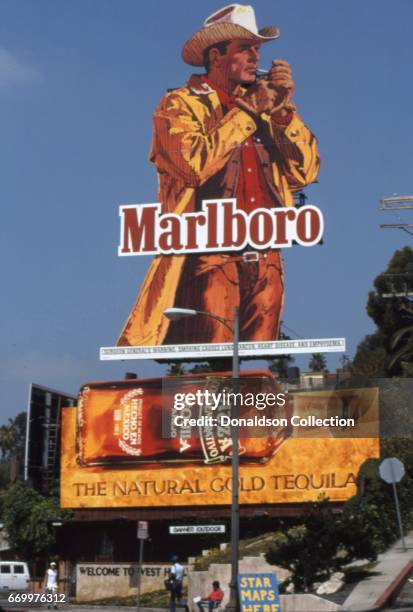 Billboard for Marlboro Cigarettes with the Marlboro Man on Sunset Boulevard in September 1997 in Los Angeles, California.