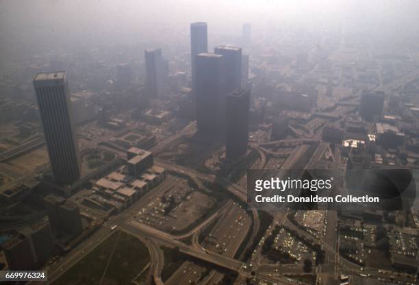 An aerial view that depicts smog in downtown in 1975 in Los Angeles, California.