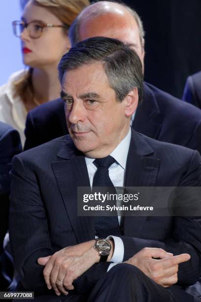 French Presidential candidate Francois Fillon attends his rally on April 18, 2017 in Lille, France. France will go to the polls on April 23 to decide...