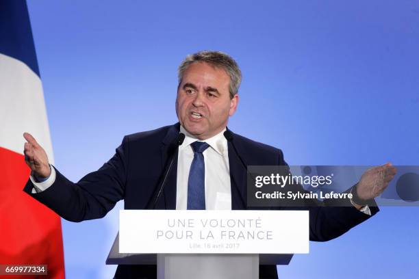 Xavier Bertrand delivers a speech during french presidential candidate Francois Fillon campaign rally on April 18, 2017 in Lille, France.