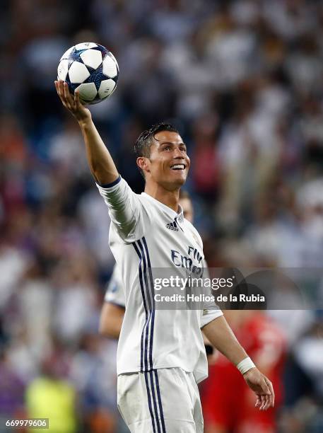 Cristiano Ronaldo of Real Madrid celebrates after scoring during the UEFA Champions League Quarter Final second leg match between Real Madrid CF and...