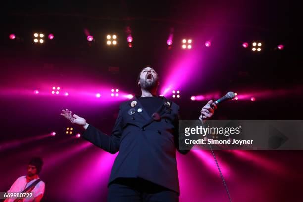 Frontman Tom Meighan of Kasabian perform live on stage at The Forum on April 18, 2017 in London, United Kingdom.