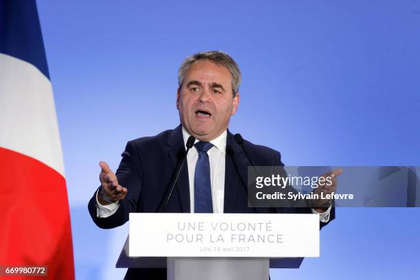 Xavier Bertrand delivers a speech during French presidential candidate Francois Fillon campaign rally on April 18, 2017 in Lille, France.