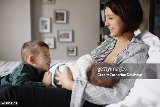 a mom breast feeding her baby girl and fondling the head of her son - affectueux stock pictures, royalty-free photos & images