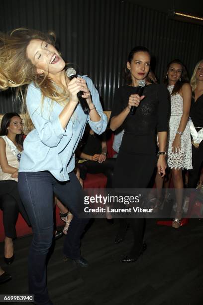 Miss France 2015 Camille Cerf and Miss France 2013 Marine Lorphelin attend Miss France 2017 Alicia Aylies Surprise Birthday at BAM Karaoke Box on...