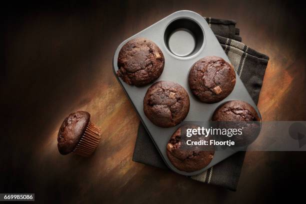 pastry: chocolate muffins still life - chocolate muffin stock pictures, royalty-free photos & images