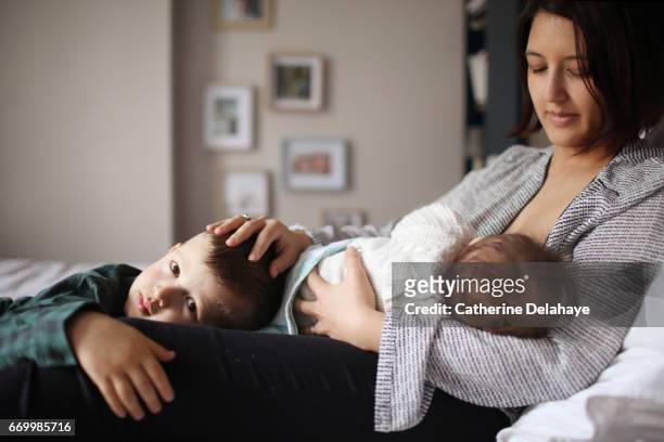 a mom breast feeding her baby girl and fondling the head of her son - bébé parents stock pictures, royalty-free photos & images