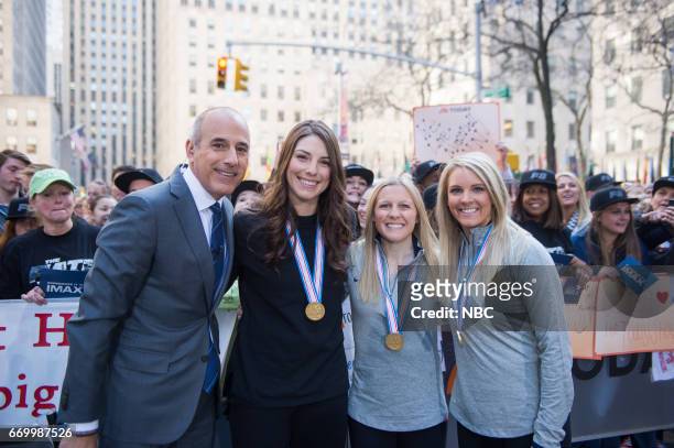 Matt Lauer with The U.S. Women's hockey team Hilary Knight, Kendell Coyne, Amanda Kessel on Monday, April 10, 2017 --