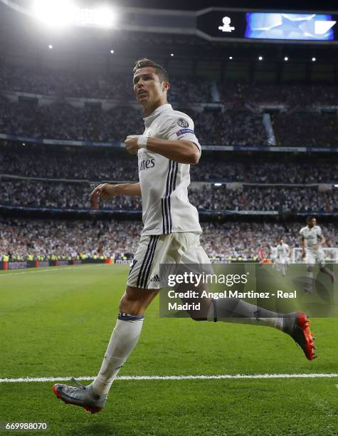 Cristiano Ronaldo of Real Madrid celebrates after scoring the equalising goal during the UEFA Champions League Quarter Final second leg match between...