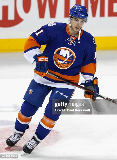 Shane Prince of the New York Islanders warms up before the game against the Ottawa Senators at Barclays Center on March 23, 2016 in Brooklyn borough...