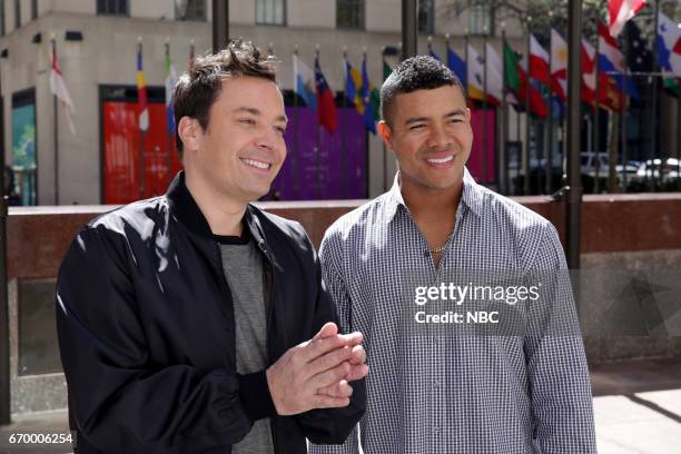 Episode 0656 -- Pictured: Host Jimmy Fallon teaches José Quintana Spanish on April 18, 2017 --