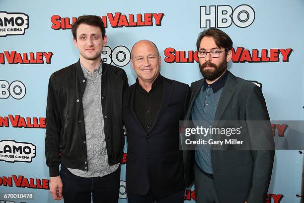 Zach Woods, Mike Judge and Martin Starr attend the premiere of HBO's "Silicon Valley" 4th season at the Alamo Drafthouse South Lamar on April 18,...